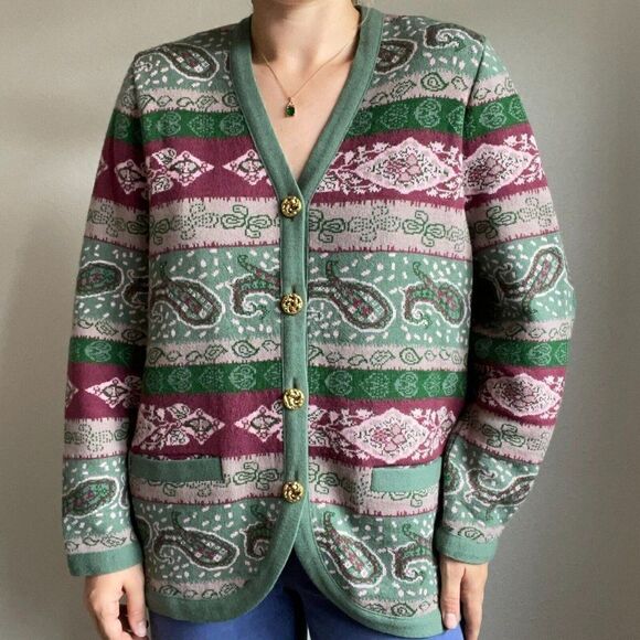 Vintage 80s Womens Pink Green Paisley Striped Oversized Grandma Cardigan Sz L - Picture 5 of 11